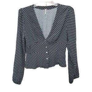 FREE PEOPLE Love Street Viscose Black Polka Dot Button-Up Blouse Size Large